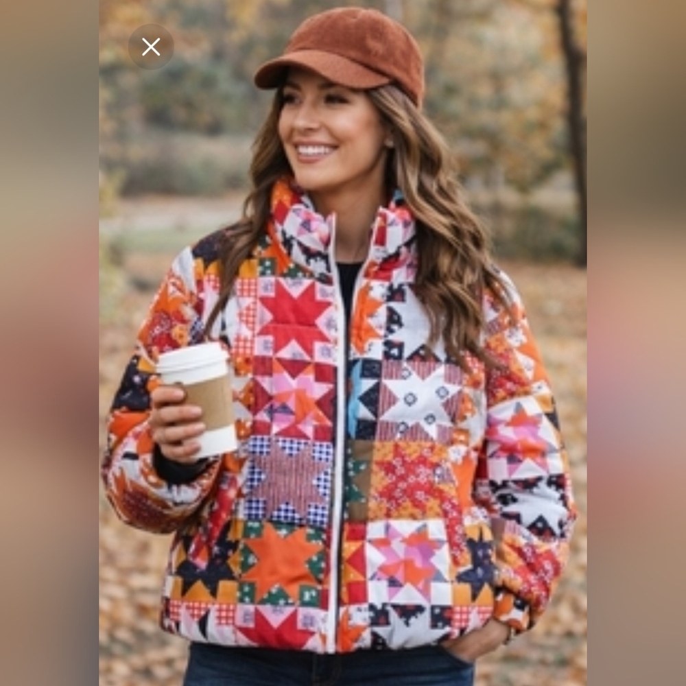 Quilt Patchwork Print Puffer Jacket NWOT Medium